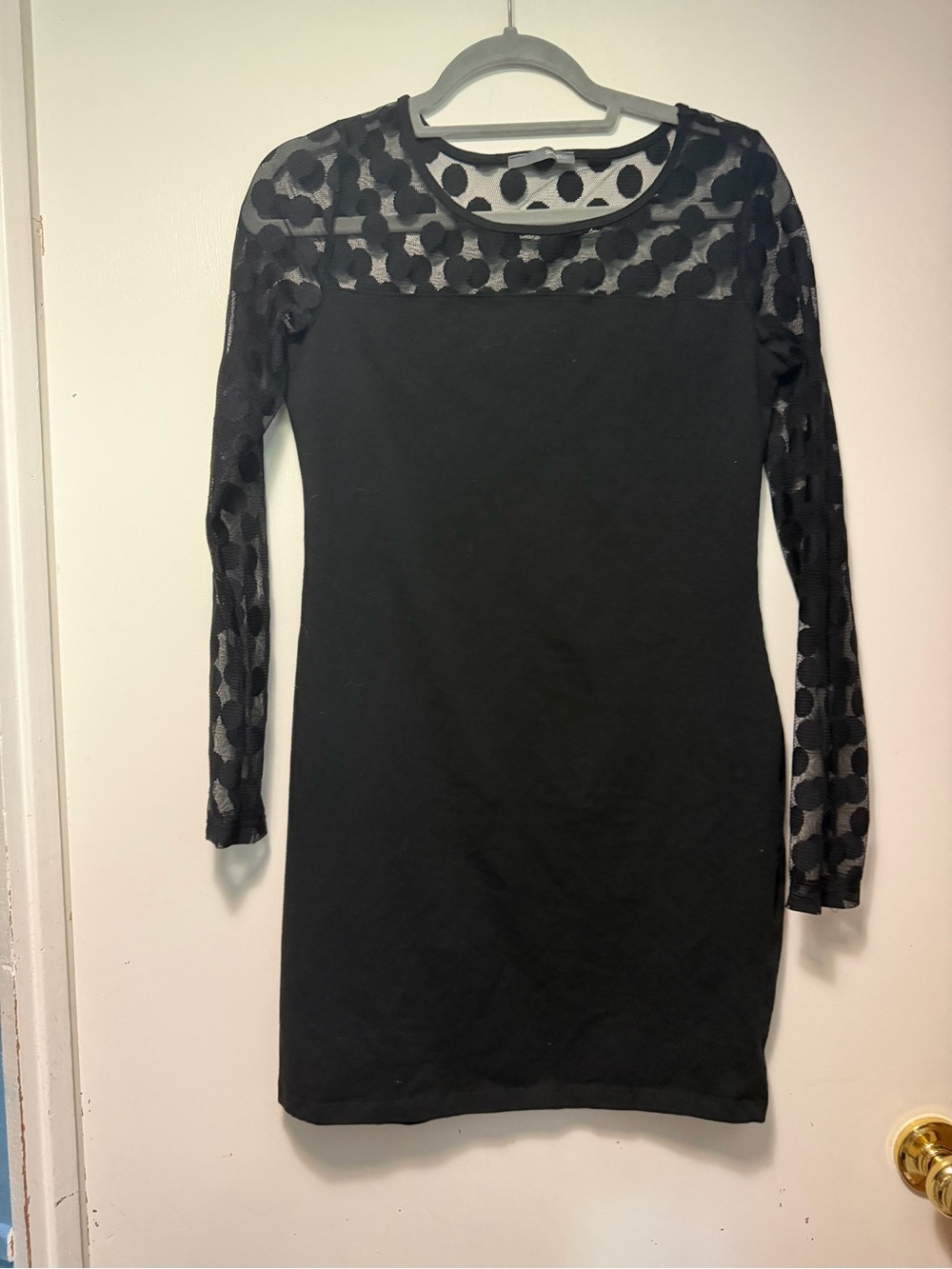 Smart Set Black Polka Mesh Yoke Long Sleeve Dress Little Black Dress Size M